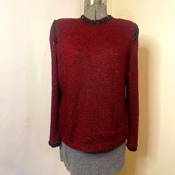 Vintage Dunollie Looms summery red sweater w/black sequin trim - Picture 1 of 9